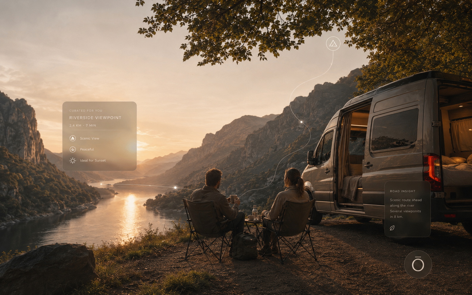Pareja disfrutando del atardecer junto al río al lado de su camper